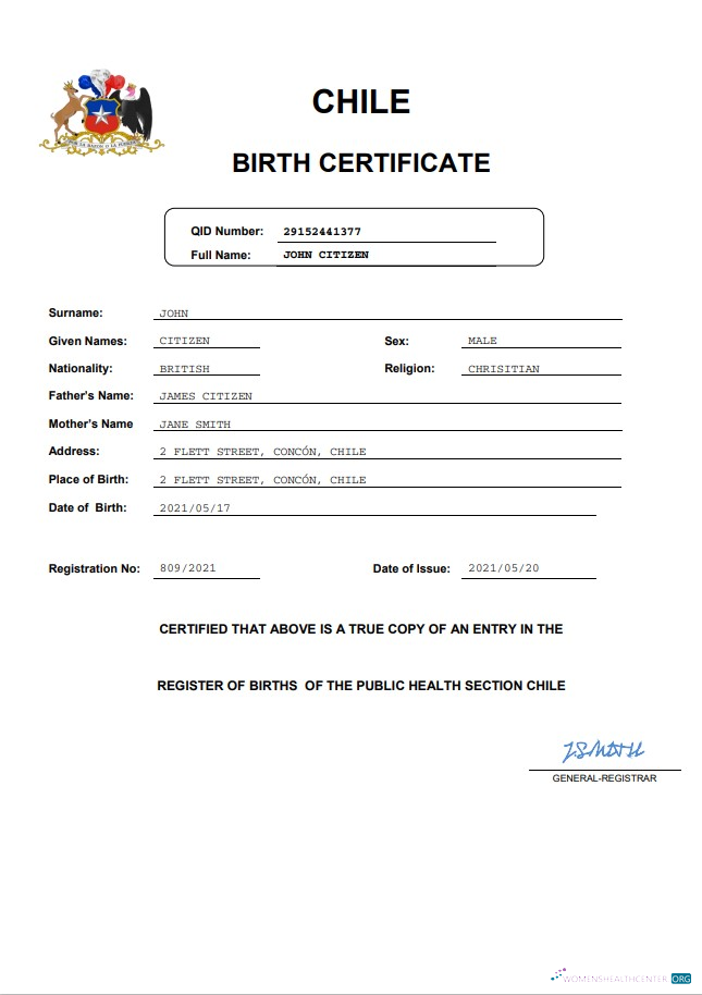 Download Chile vital record birth certificate Word and PDF template Photoshop template